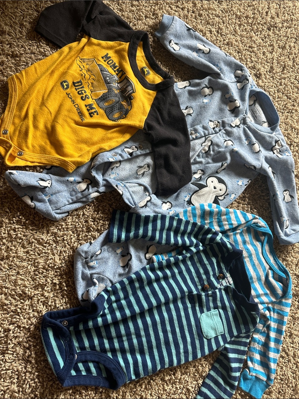 Boys 3-6 Month bundle- John Deere, Snap footie, 2 striped long sleeve Black